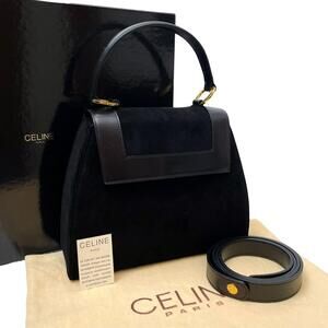 Good Celine Suede X Leather Hand Shoulder Bag 2WAY Black